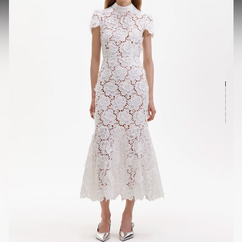 Self-Portrait WHITE 3D FLOWER LACE MIDI DRESS